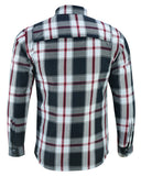 Daniel Smart Mfg. armored flannel motorcycle shirt black white and red back view