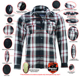Daniel Smart Mfg. armored flannel motorcycle shirt black white and red features
