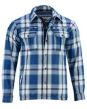 Daniel Smart Mfg. armored flannel motorcycle shirt blue white and maroon front open view
