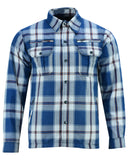 Daniel Smart Mfg. armored flannel motorcycle shirt blue white and maroon front view