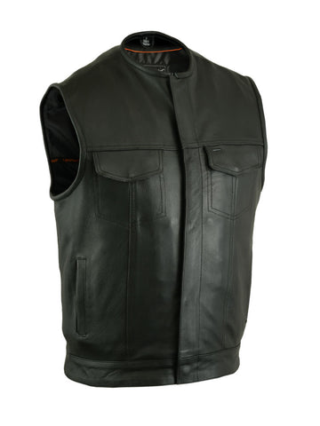 Daniel Smart Mfg. snap closure leather motorcycle vest front angle view