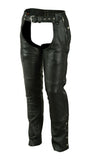 Daniel Smart Mfg. deep pocket thermal lined leather motorcycle chaps model DS478 front angle view