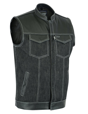 Daniel Smart Mfg. leather and denim motorcycle vest model DM900 front angle view