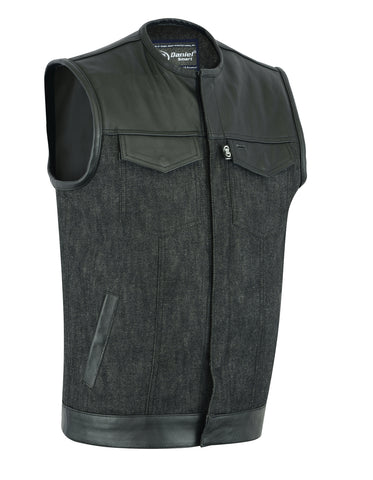 Daniel Smart Mfg. leather and denim motorcycle vest model dm901 front angle view