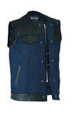 Daniel Smart Mfg. leather trimmed blue denim motorcycle vest front open view
