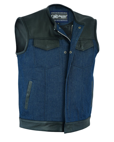 Daniel Smart Mfg. leather trimmed blue denim motorcycle vest front angle view