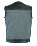 Daniel Smart Mfg. perforated leather and gray denim motorcycle vest back view