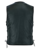 Daniel Smart Mfg. side-laced leather motorcycle vest with American flag lining back view