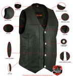 Daniel Smart Mfg. leather motorcycle vest with buffalo nickel snaps features view