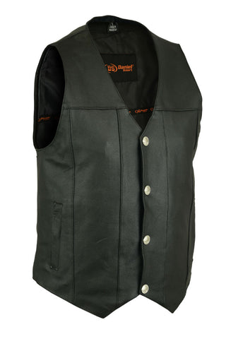 Daniel Smart Mfg. leather motorcycle vest with buffalo nickel snaps front angle