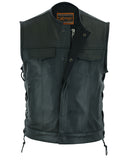 Daniel Smart Mfg. leather motorcycle vest with concealed holsters front open collar view