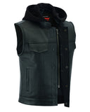 Daniel Smart Mfg. leather motorcycle vest with removable hood front angle open view