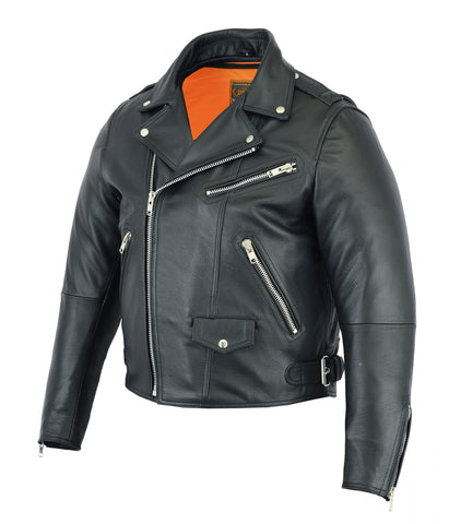 Daniel Smart Mfg. full-cut leather biker jacket front angle view