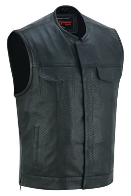 Daniel Smart Mfg. perforated leather single back panel biker vest front angle view