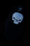 Daniel Smart Mfg. leather motorcycle gloves with reflective skulls nighttime view