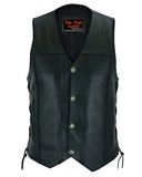 Daniel Smart Mfg. side-laced leather motorcycle vest with buffalo nickel snaps front view