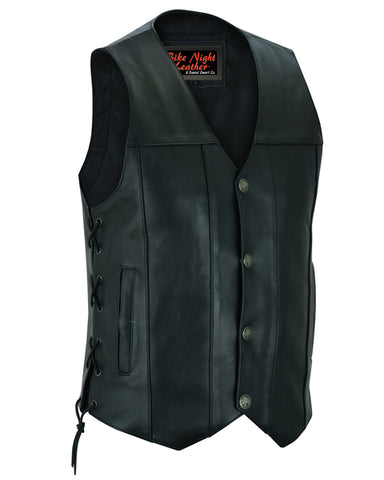 Daniel Smart Mfg. side-laced leather motorcycle vest with buffalo nickel snaps front angle view