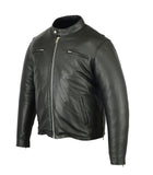 Daniel Smart Mfg. sporty leather motorcycle cruiser jacket with removable hood front angle view without hood