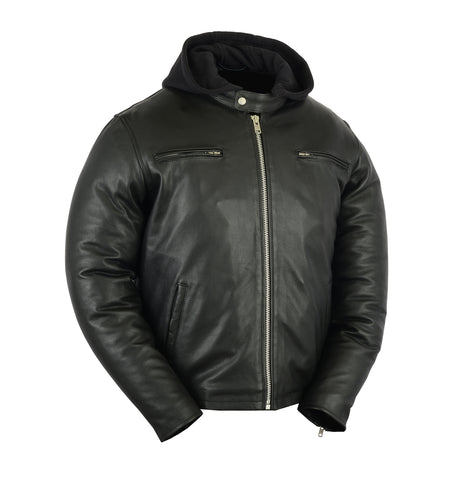Daniel Smart Mfg. sporty leather motorcycle cruiser jacket with removable hood