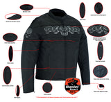 Daniel Smart Mfg. textile biker jacket with reflective skulls features view