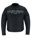 Daniel Smart Mfg. textile biker jacket with reflective skulls front view