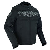Daniel Smart Mfg. textile biker jacket with reflective skulls front angle view