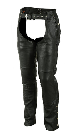 Daniel Smart Mfg. thermal lined deep pocket leather motorcycle chaps model DS405 front angle view