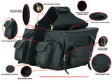 Two strap locking motorcycle saddlebag features