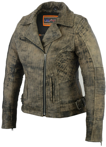 Daniel Smart Mfg. women's antique brown leather motorcycle jacket DS836 front angle view
