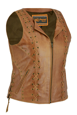 Daniel Smart Mfg. women's brown leather motorcycle vest with lacing detail front angle view