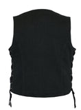 Daniel Smart Mfg. women's classic black denim motorcycle vest with side laces back view