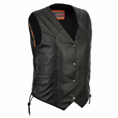 Daniel Smart Mfg. women's classic side-laced leather motorcycle vest DS252 front angle view