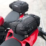 Kriega 5 liter motorcycle drypacks fitted as tail bags on Ducati motorcycles