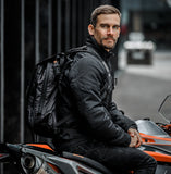 Motorcycle rider wearing Kriega Max28 motorcycle backpack