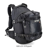 10 liter drypack attached to exterior of Kriega R25 motorcycle backpack