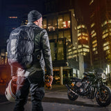 City motorcycle rider wearing Kriega R25 motorcycle backpack