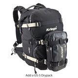 5 liter drypack fitted to exterior of Kriega R30 motorcycle backpack