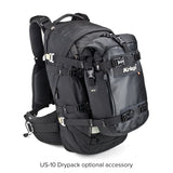 10 liter drypack fitted to exterior of Kriega R35 motorcycle backpack
