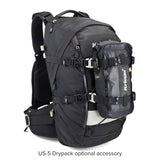 5 liter drypack fitted to exterior of Kriega R35 motorcycle backpack