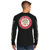 rider wearing long sleeve motorcycle t-shirt with retro sign design showing back
