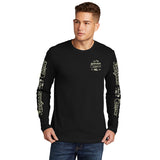 Rider wearing long sleeve motorcycle t-shirt with retro sign design showing front