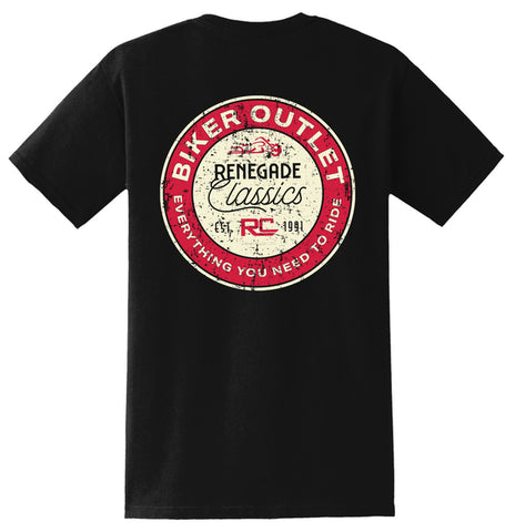 Short sleeve motorcycle t-shirt with retro sign design back