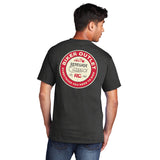 Rider wearing short sleeve motorcycle t-shirt with retro sign design showing back