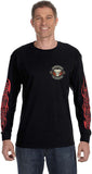 Rider wearing flaming V-twin motorcycle motor long sleeve t-shirt showing front
