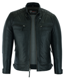 Vance Leathers waxed lambskin leather cafe racer motorcycle jacket black front open