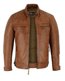 Vance Leathers Austin Brown color lambskin leather cafe racer motorcycle jacket front open
