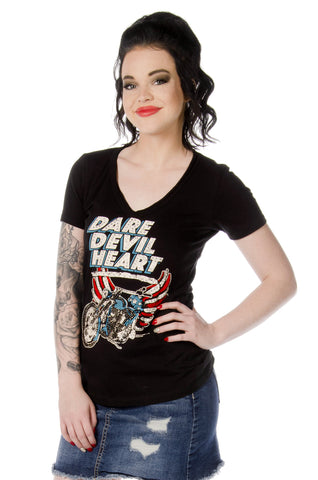 Women's dare devil heart motorcycle t-shirt front