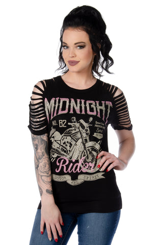 Woman wearing Midnight Rider graphic motorcycle t-shirt