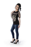 Side profile of woman wearing Midnight Rider graphic motorcycle t-shirt