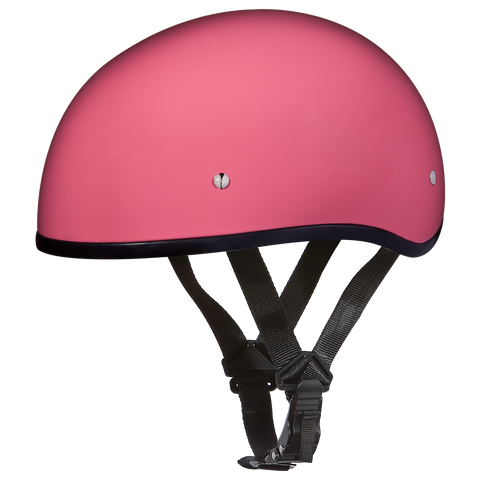 Side view of pink skull cap motorcycle helmet